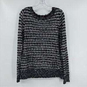 Harley Davidson Sequin Striped Long Sleeve Sweater Black Silver Size L